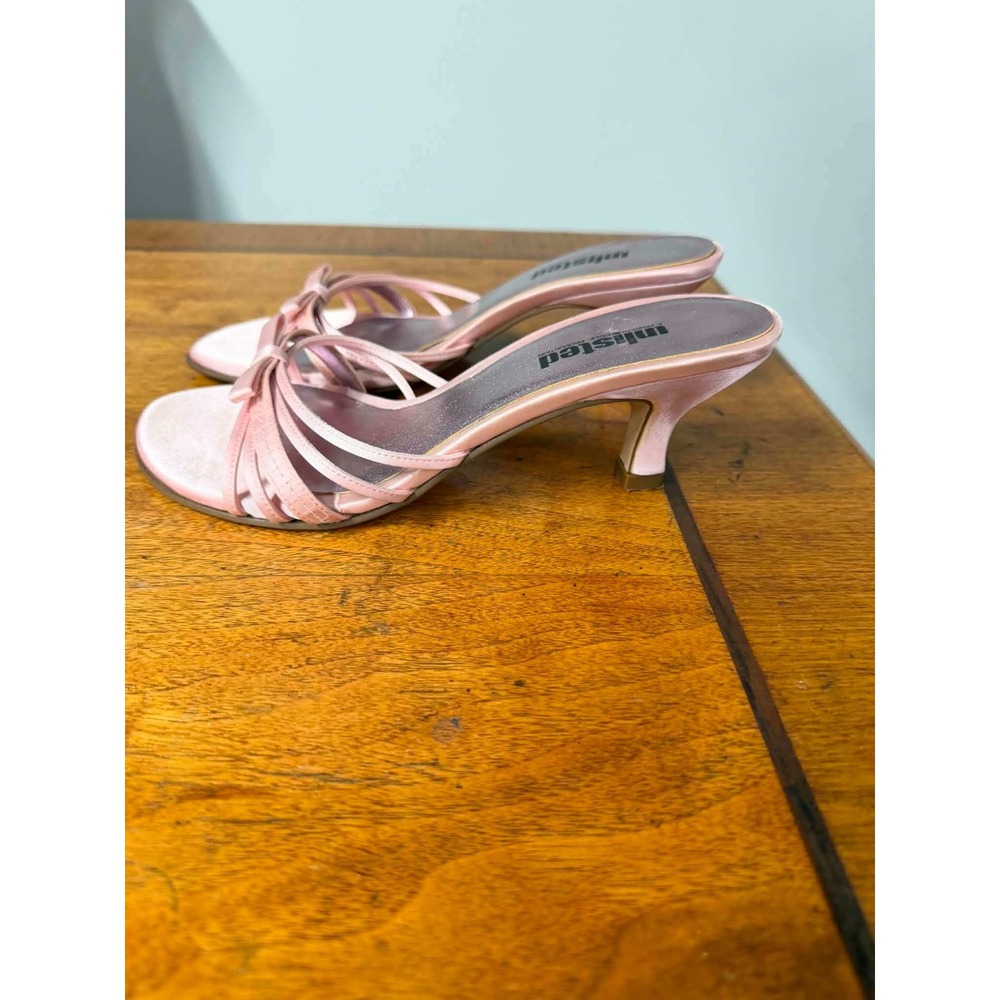 Vtg Unlisted Womens 6.5 Pink Sandals Kitten Heel Bow Strappy Square Toe U49082